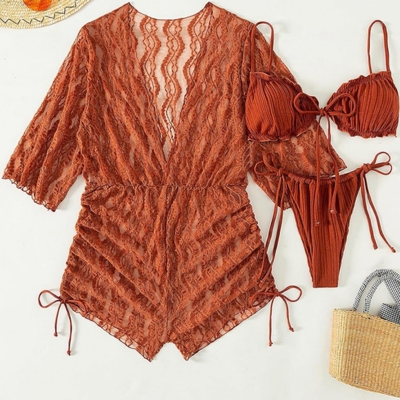 2/$50 Rust Burnt Orange Sheer Summer Beach Bikini Set Drawstring Cover Up - Picture 3 of 7